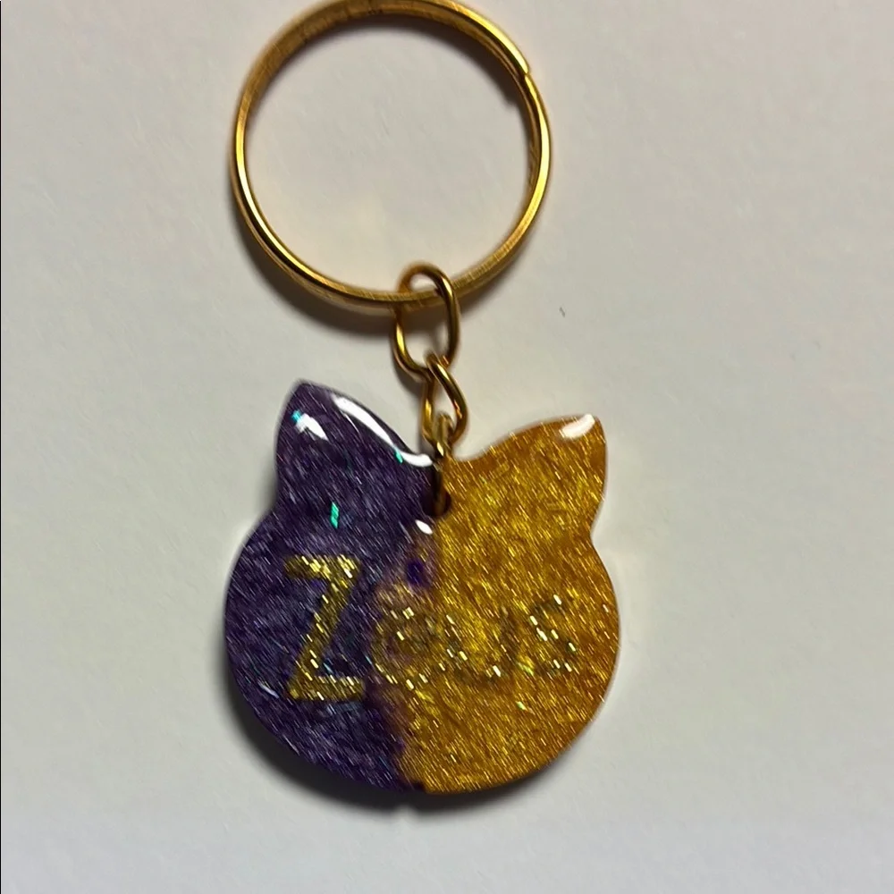 Purple and Gold Glitter Cat Keyring 🆔 tag